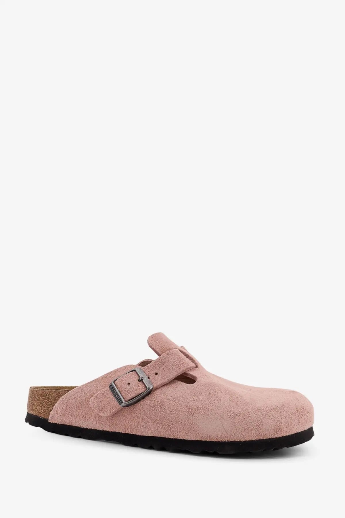 Birkenstock women’s suede boston clog in pink with silver buckle and cork footbed for casual comfort