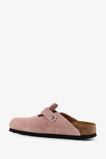 Birkenstock women’s suede boston sandals in pink with cork footbed and black rubber sole