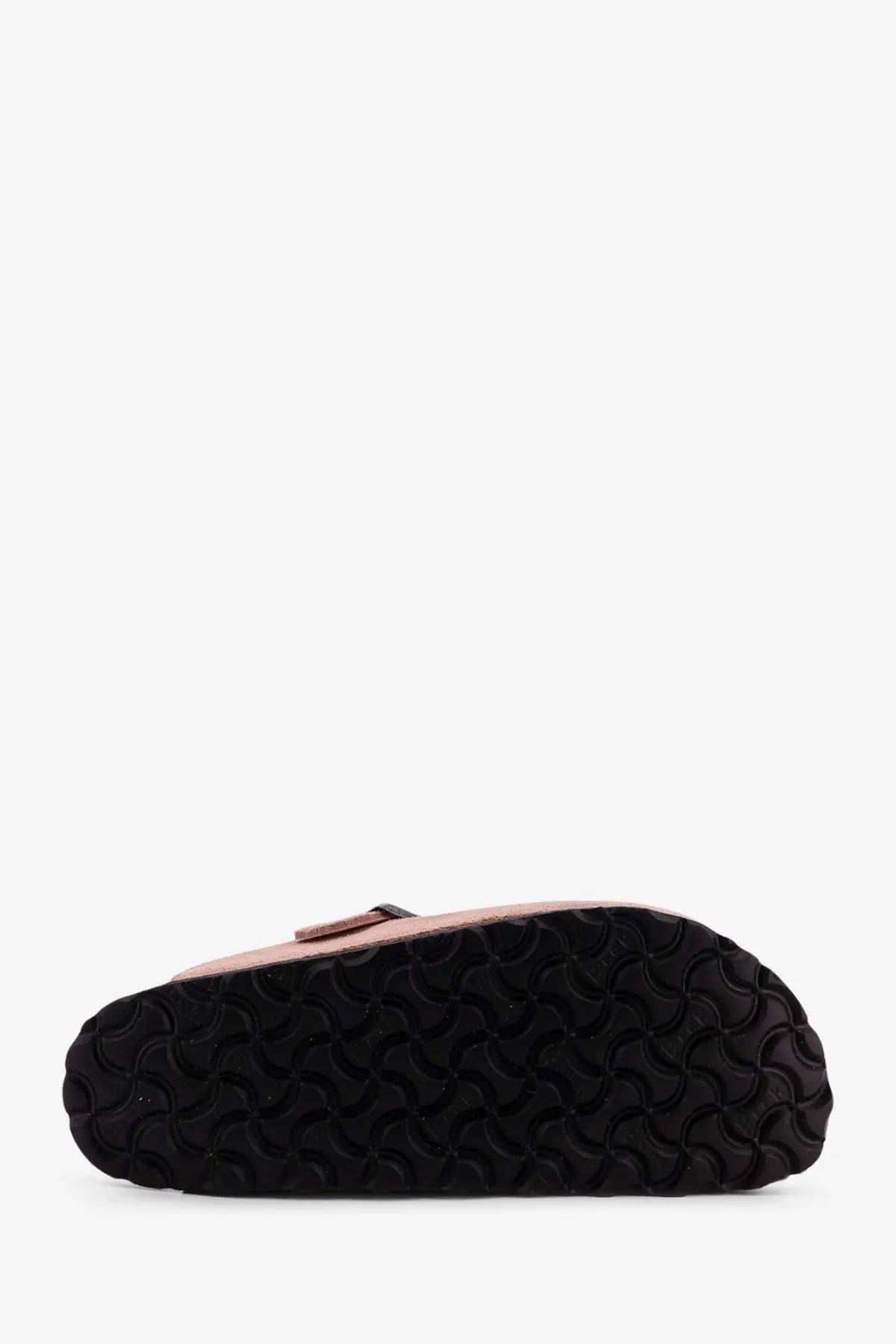 Birkenstock women’s suede Boston sandals in pink with rose gold leather upper and black rubber clog sole