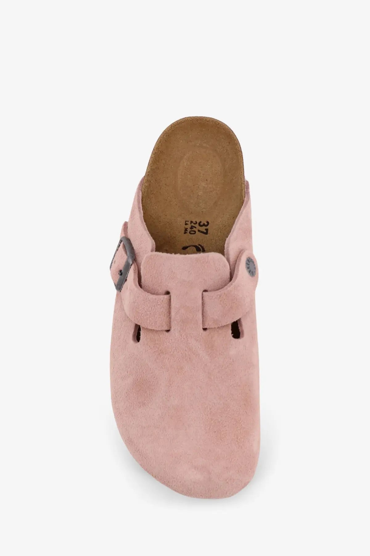 Birkenstock women’s suede Boston sandals in soft pink with a single strap and buckle detail