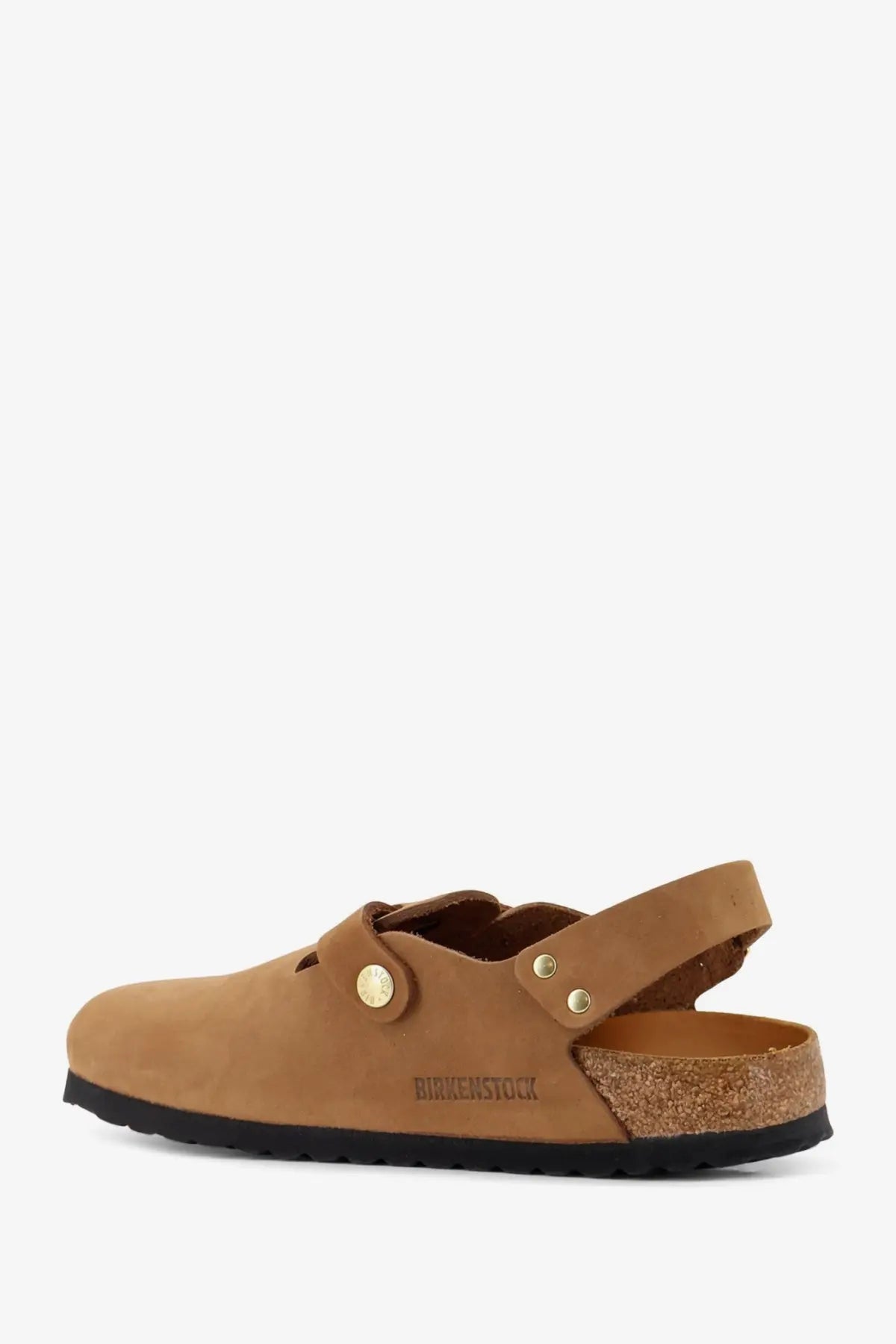 Birkenstock women’s tokio hex tan suede clog sandal with cork footbed and gold-tone metal buckle front view