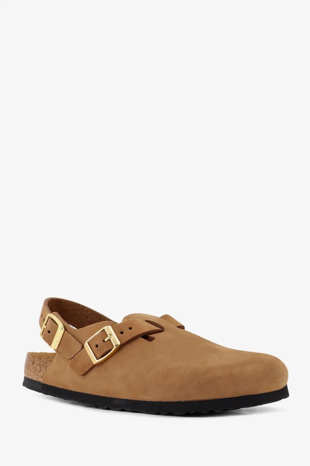 Birkenstock women’s tokio hex tan suede clog sandal with two gold-tone buckle straps and cork footbed