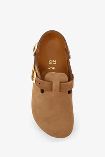 Birkenstock women’s Tokio Hex brown tan suede clog sandal with single strap and gold-tone buckle