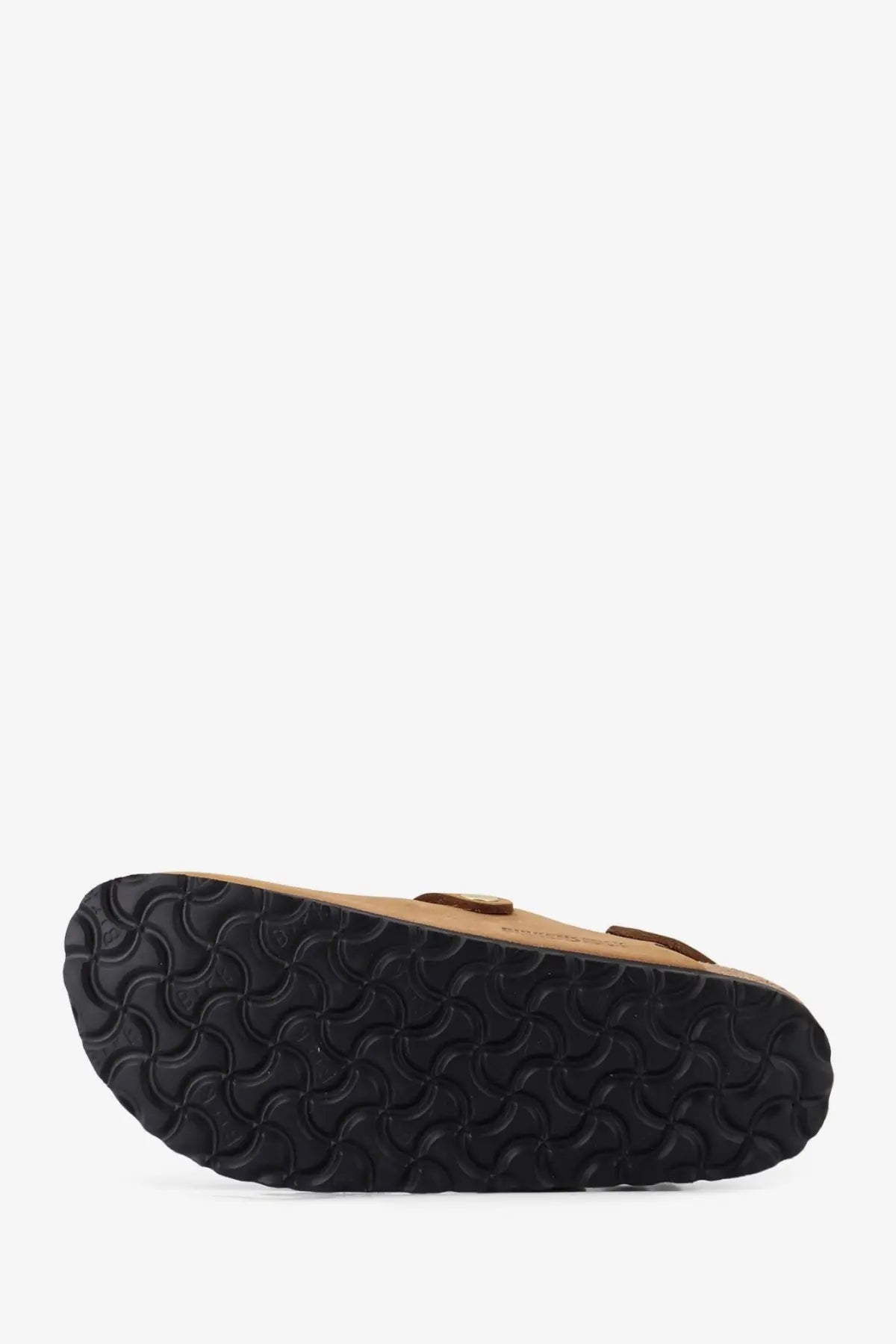 Birkenstock women’s tokio hex brown suede sandals with tan leather clog and black rubber sole wavy tread pattern