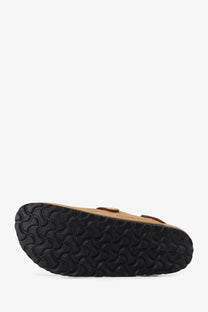 Birkenstock women’s tokio hex brown suede sandals with tan leather clog and black rubber sole wavy tread pattern