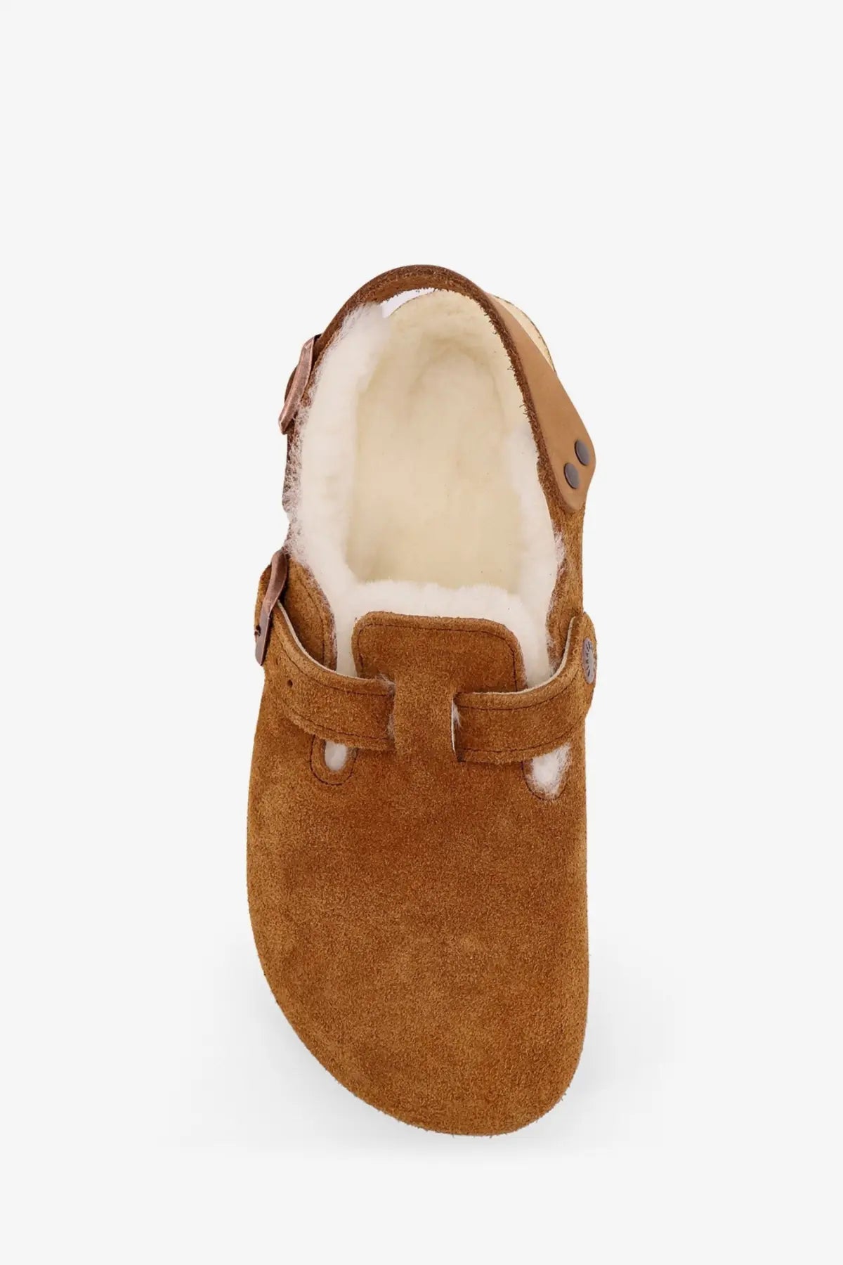 Birkenstock womens tokio grey suede mule with plush white shearling lining and adjustable strap closure