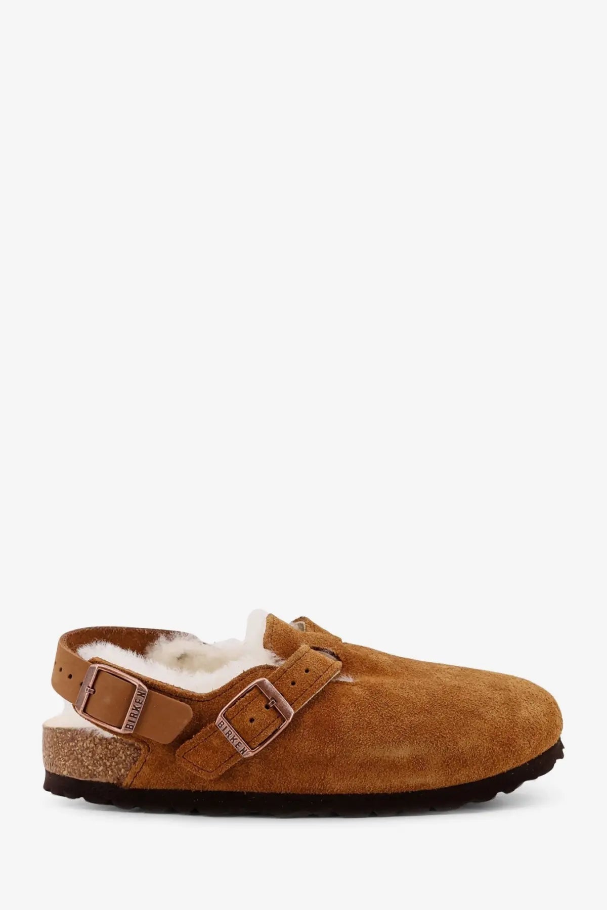 Birkenstock women’s tokio inside shearling suede mule grey in tan suede with two straps and white shearling lining
