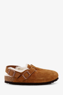 Birkenstock women’s tokio inside shearling suede mule grey in tan suede with two straps and white shearling lining