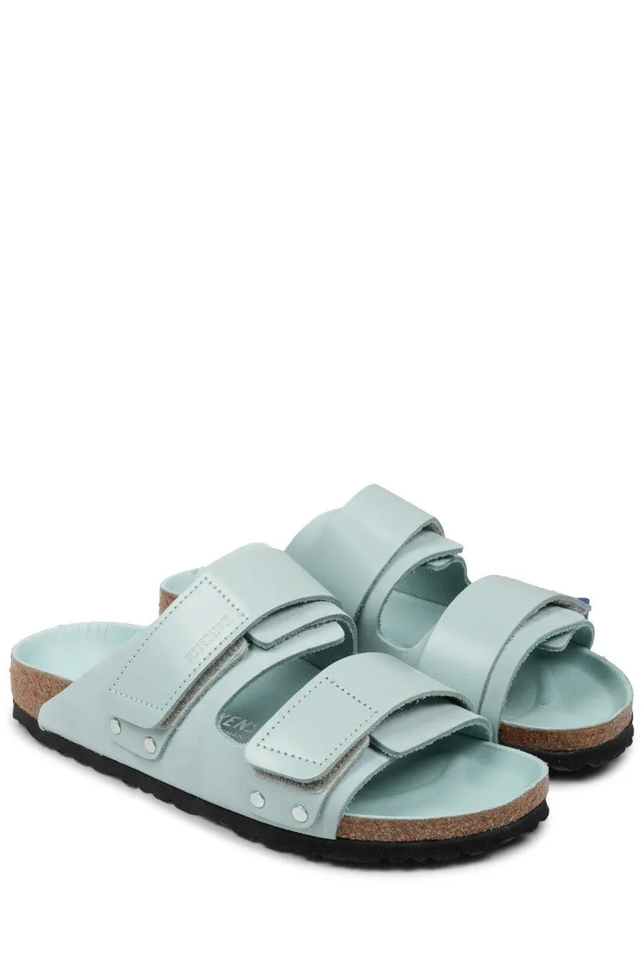 Birkenstock women’s Uji sandal green light blue leather with two wide velcro straps and cork footbed