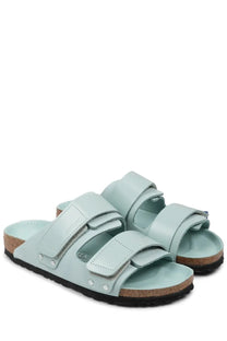 Birkenstock women’s Uji sandal green light blue leather with two wide velcro straps and cork footbed