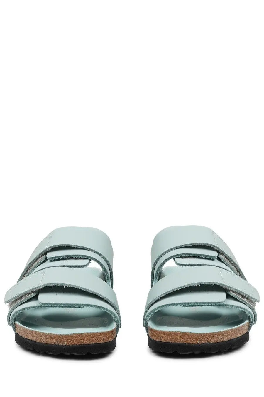Birkenstock women’s uji sandal green light blue leather with two velcro straps and cork sole