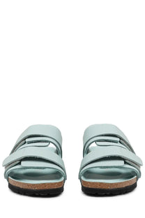 Birkenstock women’s uji sandal green light blue leather with two velcro straps and cork sole