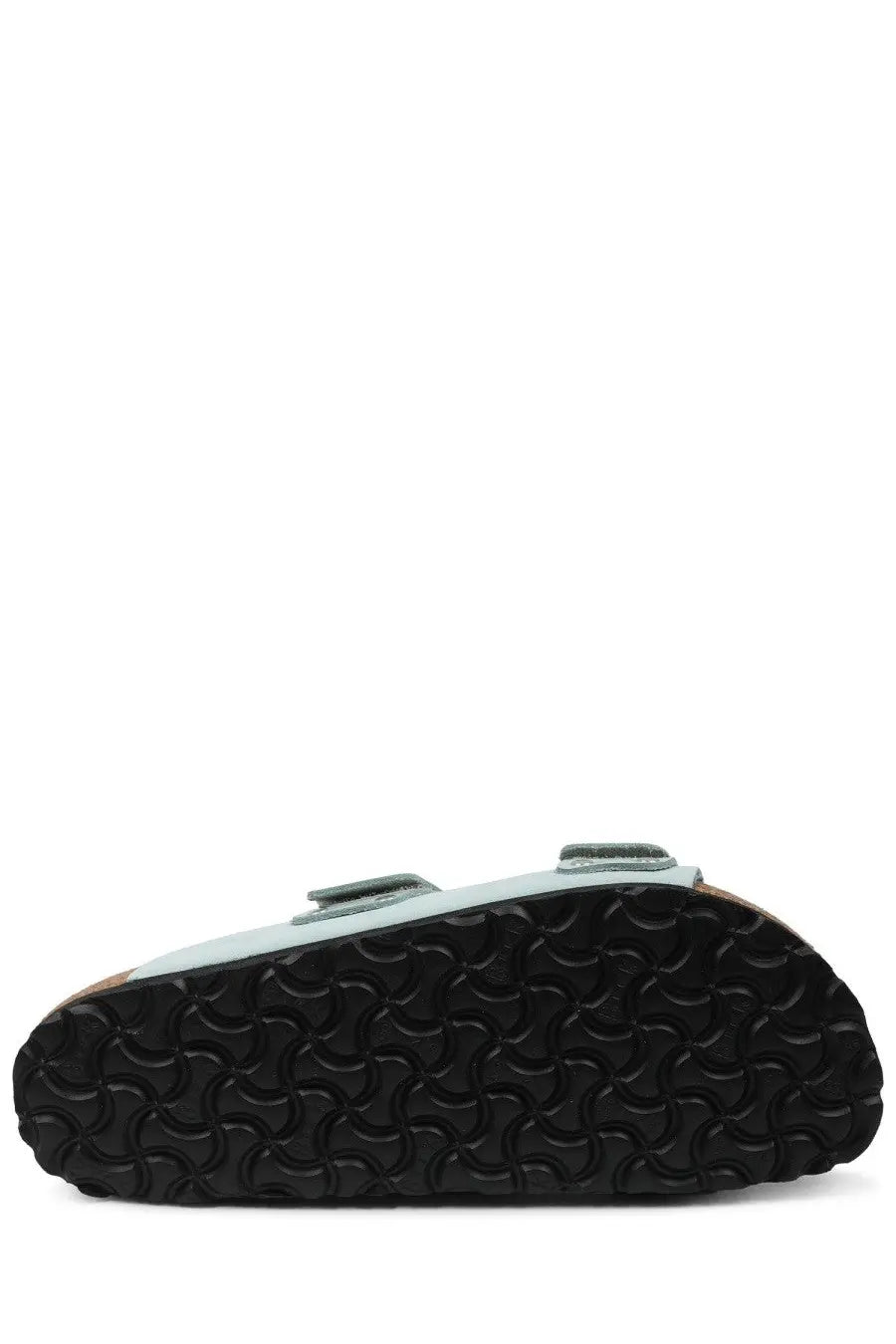 Birkenstock women’s uji sandal green light blue suede with black rubber sole and two adjustable straps