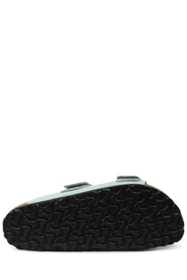 Birkenstock women’s uji sandal green light blue suede with black rubber sole and two adjustable straps