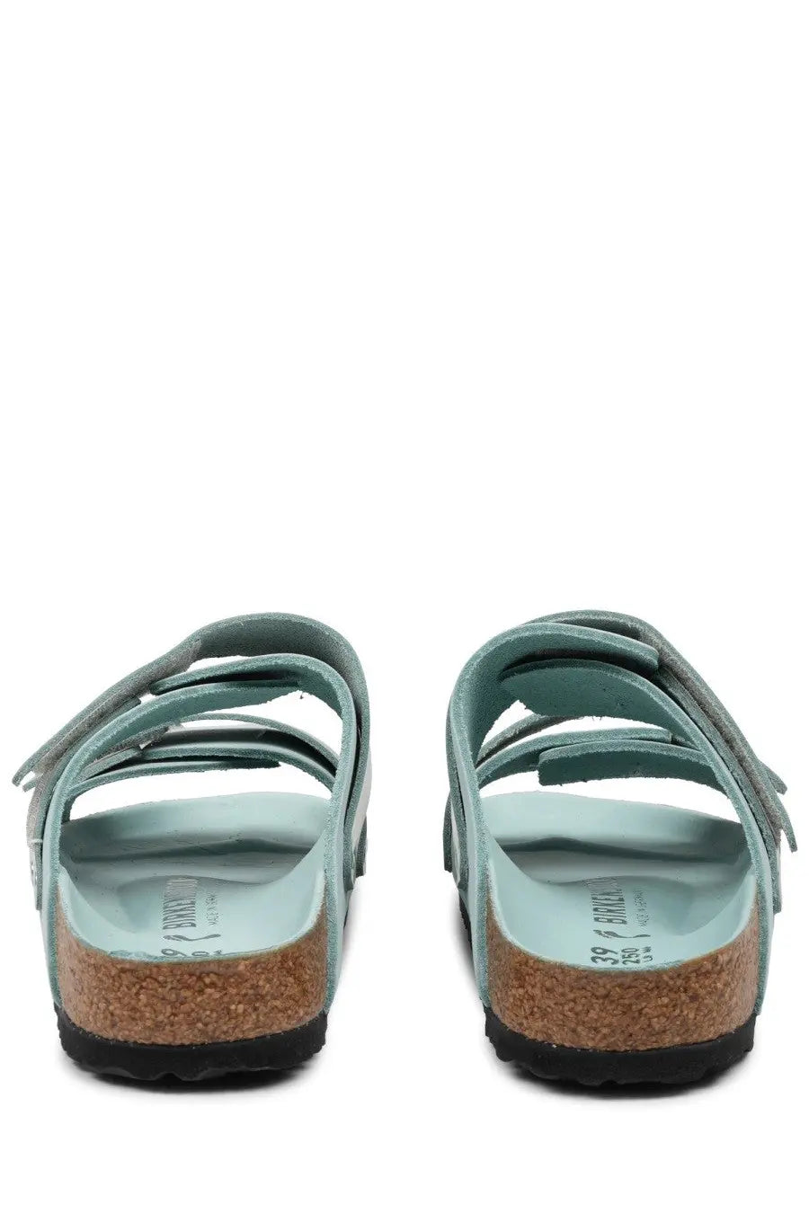 Birkenstock women’s uji sandal green light blue suede with three adjustable straps and cork footbed
