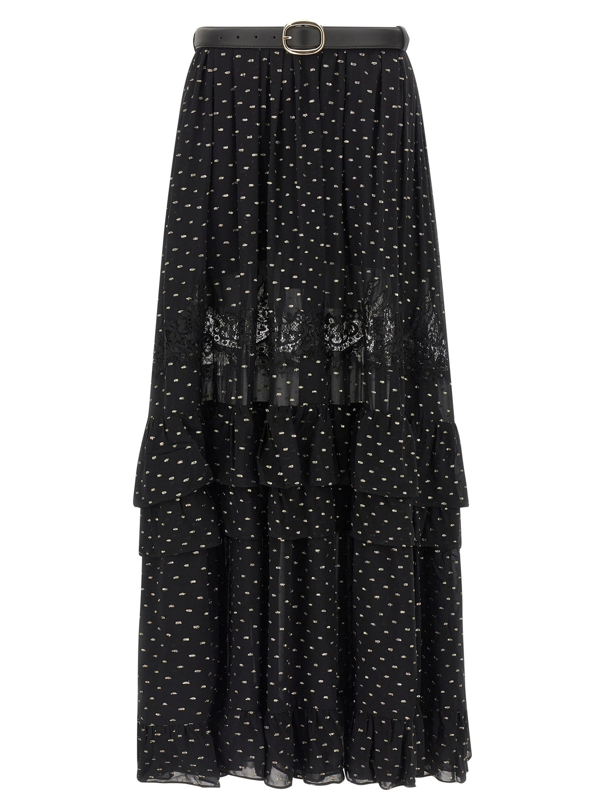 self-portrait Black and Gold Chiffon Lace Maxi Skirt Black
