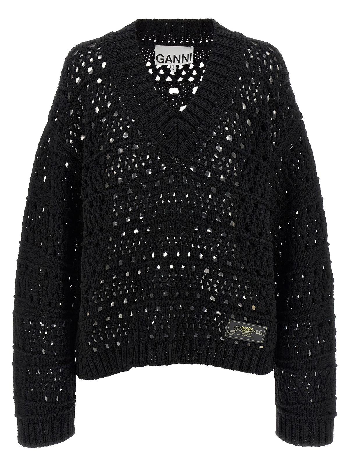 Ganni Black Crochet Neck Sweater Black