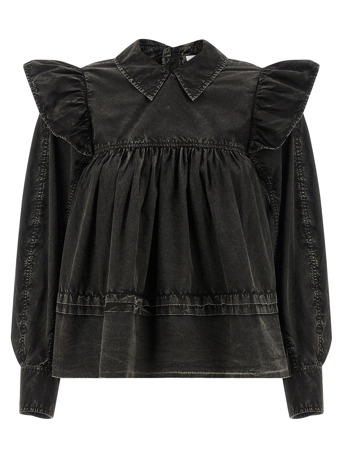 Ganni Black Washed Frill Blouse Black