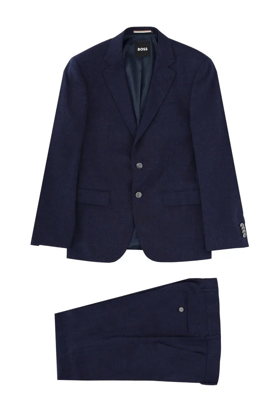 Navy blue boss men’s abito due pezzi suit jacket with subtle micromotivo texture and matching trousers