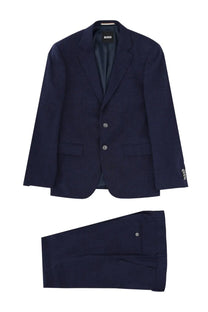 Navy blue boss men’s abito due pezzi suit jacket with subtle micromotivo texture and matching trousers