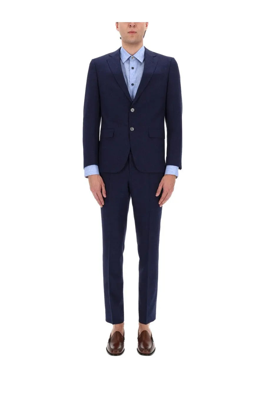 Navy blue wool BOSS men’s two-piece suit with three-button front and notched lapels featuring micromotivo pattern