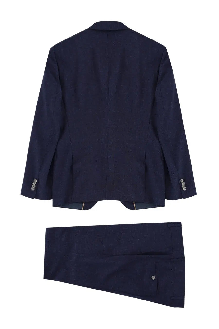 Navy blue wool BOSS men’s abito due pezzi con micromotivo suit with three-button cuffs and single button pants pocket