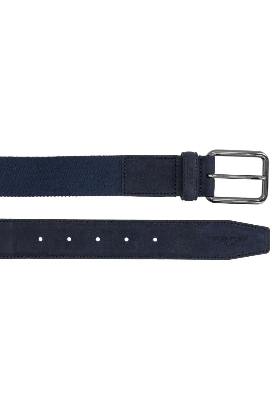 Dark blue leather men’s belt by BOSS with silver buckle and embossed logo on the tip, from the Aston Martin collection