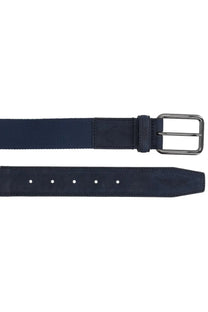 Dark blue leather men’s belt by BOSS with silver buckle and embossed logo on the tip, from the Aston Martin collection