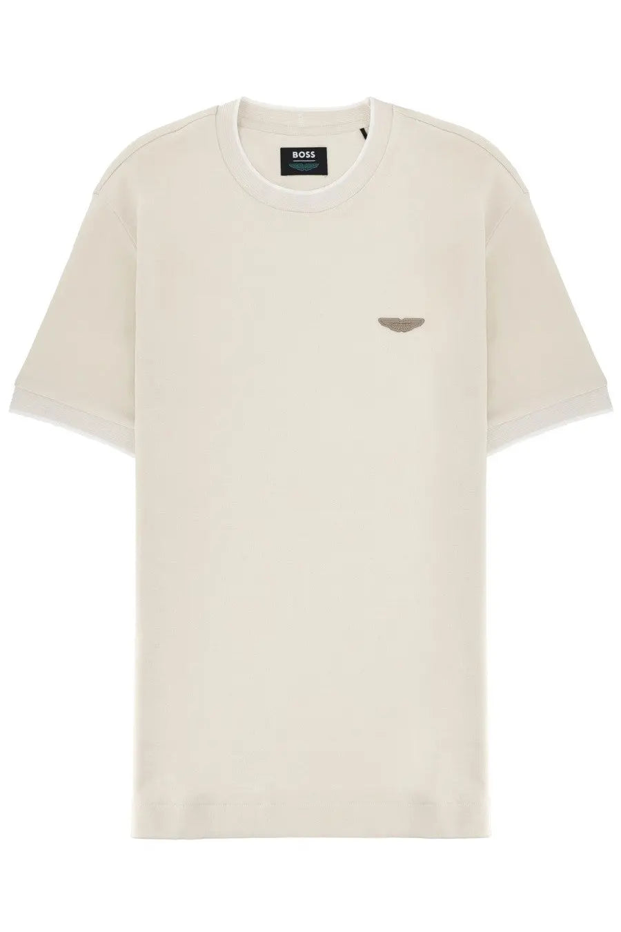 Cream-colored BOSS men’s Aston Martin t-shirt featuring a subtle metallic wing logo on the left chest