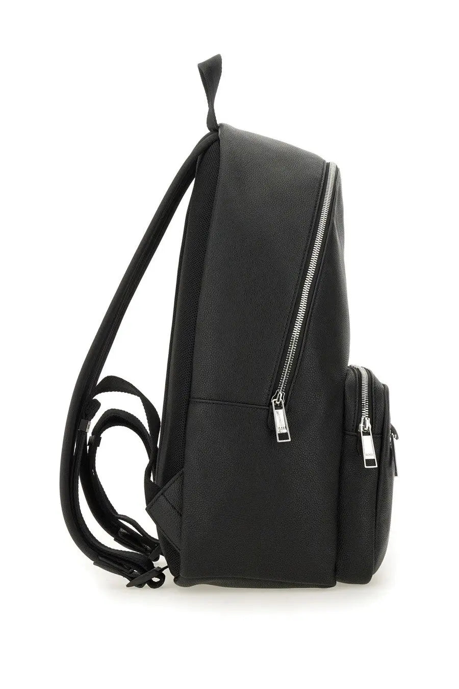 Boss men’s backpack black made of black leather with silver zippers and a small top handle