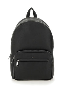 Boss men’s backpack black textured leather with silver zippers and subtle brand logo on front pocket