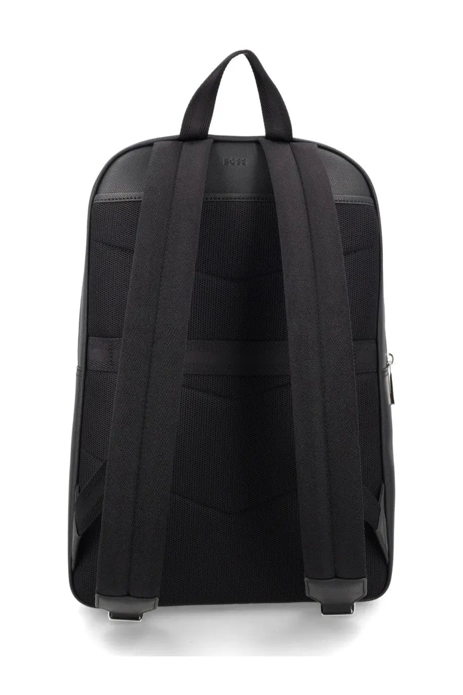 BOSS men’s backpack Daxter black with sleek minimalist design and durable fabric straps shown from the back side