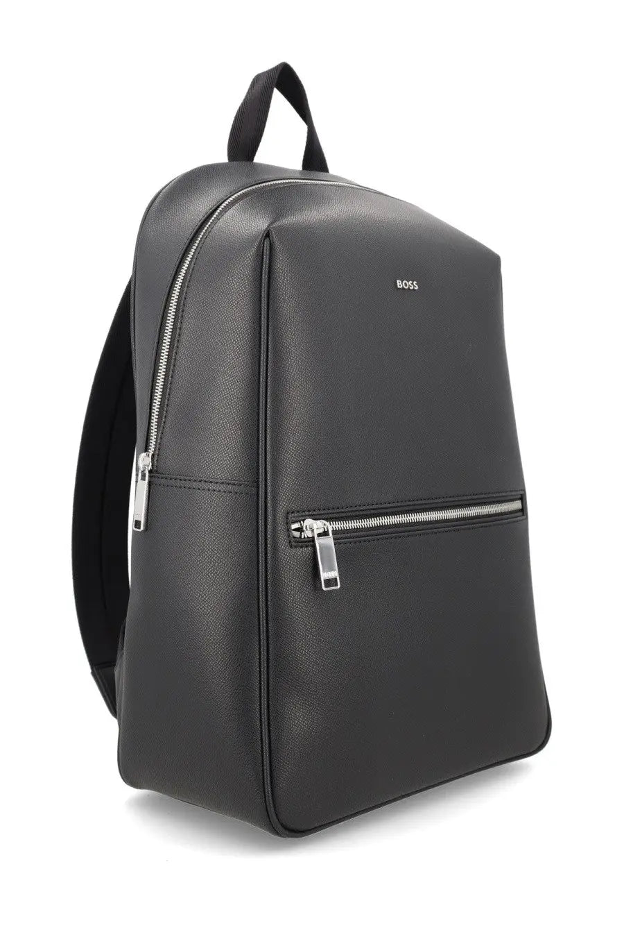 Boss men’s backpack Daxter black featuring textured leather with silver zippers and a top handle