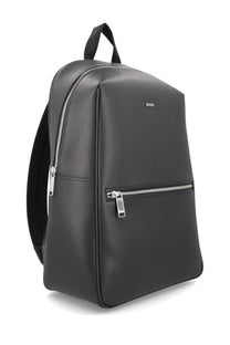 Boss men’s backpack Daxter black featuring textured leather with silver zippers and a top handle
