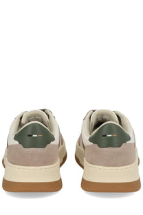BOSS men’s Baltimore Tenn sneaker in beige and olive green suede with cream midsole and brown outsole