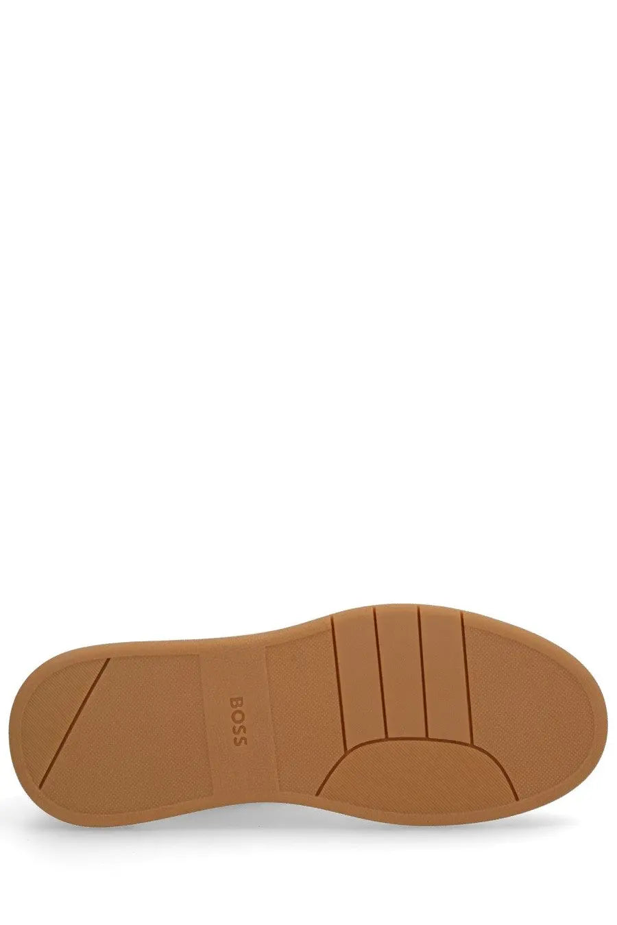 Back view of boss men’s baltimore tenn sneaker featuring a tan rubber sole with minimalist design and embossed logo