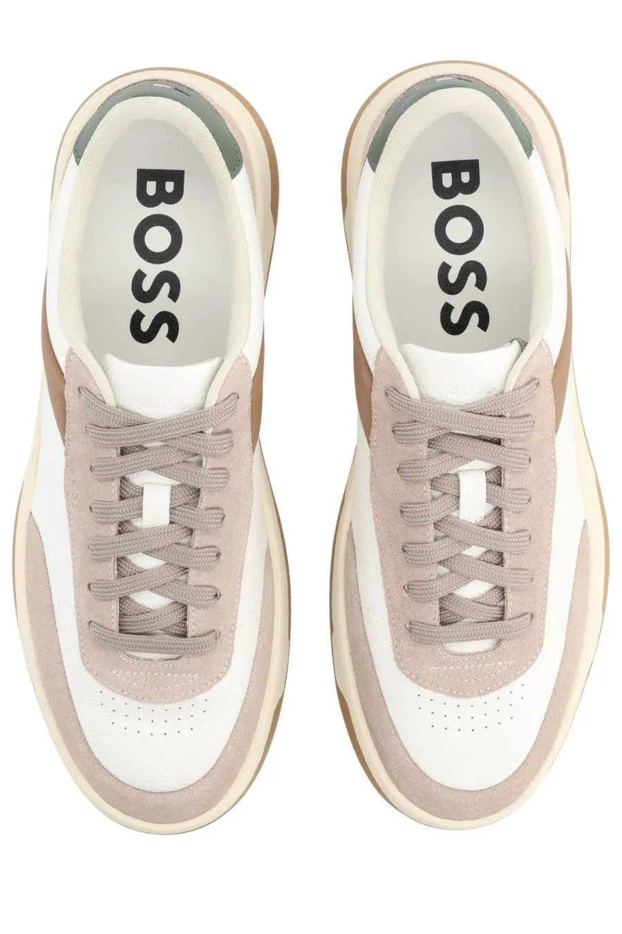 Boss men’s baltimore tenn sneaker in white and beige with suede and leather accents for casual wear