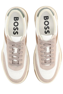 Boss men’s baltimore tenn sneaker in white and beige with suede and leather accents for casual wear