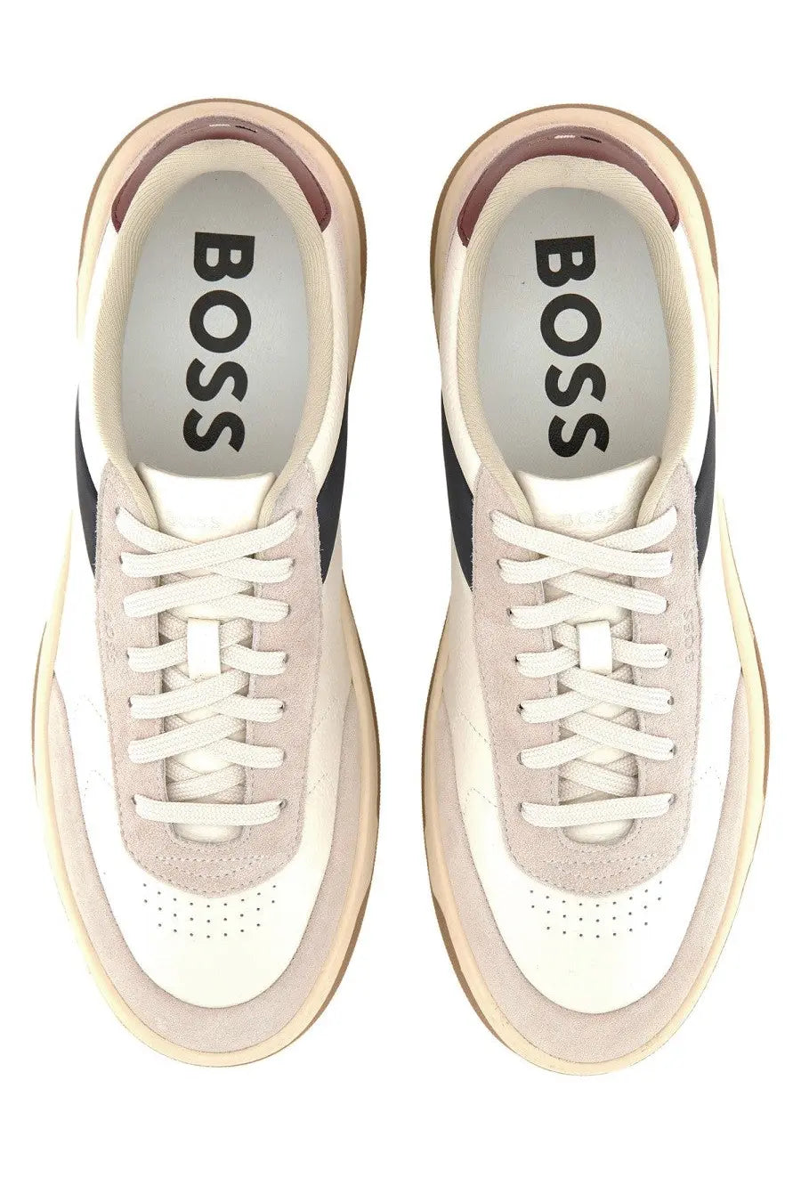 BOSS men’s Baltimore Tenn sneaker white beige and white suede with black accents chunky sole and boss logo insole
