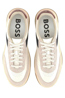 BOSS men’s Baltimore Tenn sneaker white beige and white suede with black accents chunky sole and boss logo insole