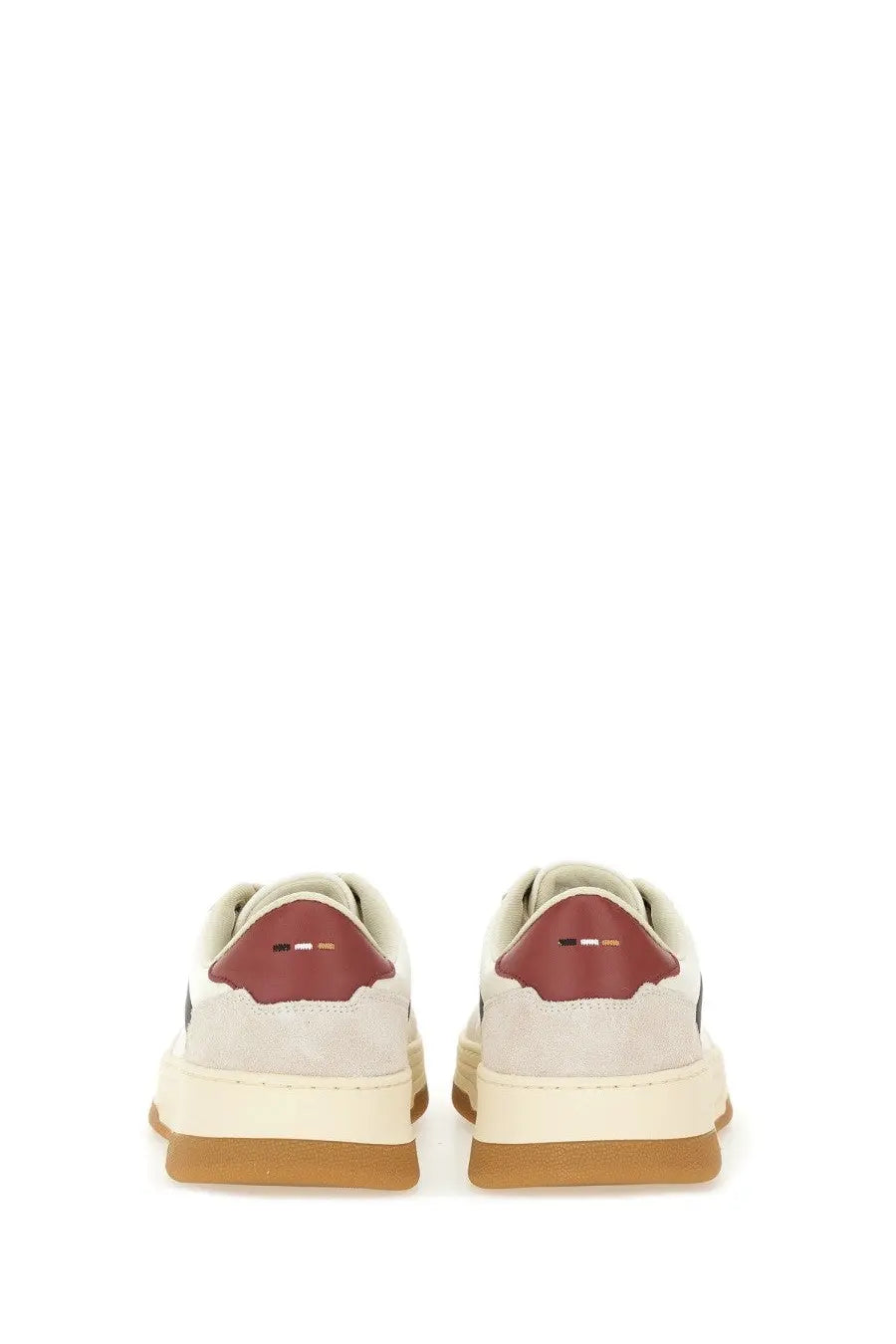 Boss men’s baltimore tenn sneaker white cream suede with burgundy heel tab and gum rubber sole side view