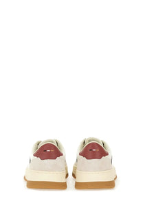 Boss men’s baltimore tenn sneaker white cream suede with burgundy heel tab and gum rubber sole side view