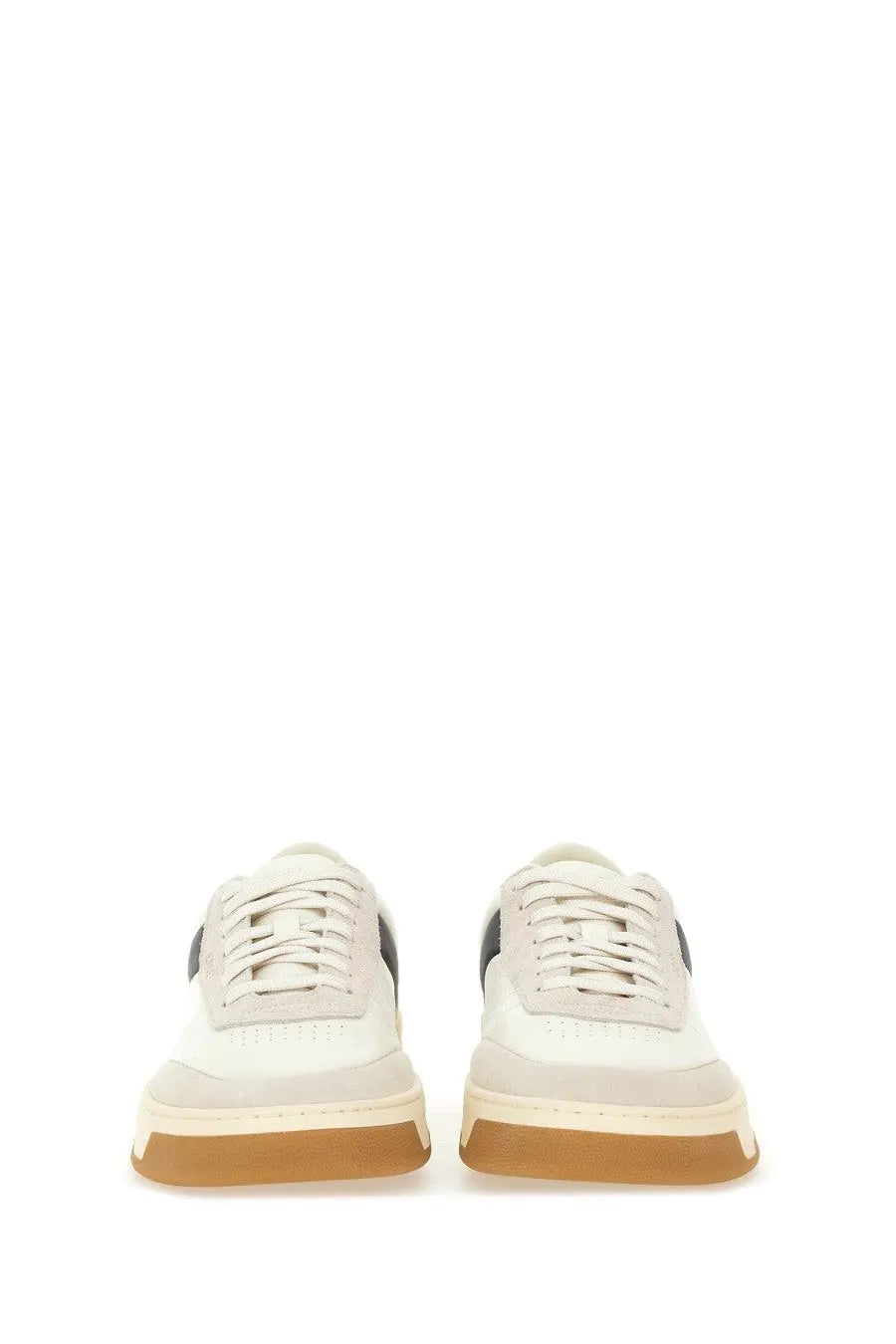 BOSS men’s Baltimore Tenn sneaker white leather with black side panels and tan rubber sole for casual wear