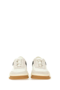 BOSS men’s Baltimore Tenn sneaker white leather with black side panels and tan rubber sole for casual wear