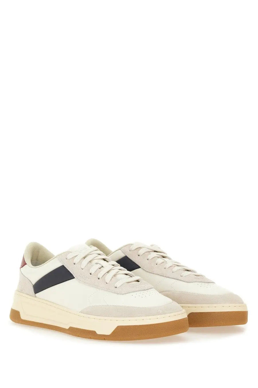 BOSS men’s Baltimore Tenn sneaker white low-top in white and navy suede with tan rubber sole for casual wear