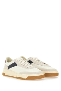 BOSS men’s Baltimore Tenn sneaker white low-top in white and navy suede with tan rubber sole for casual wear
