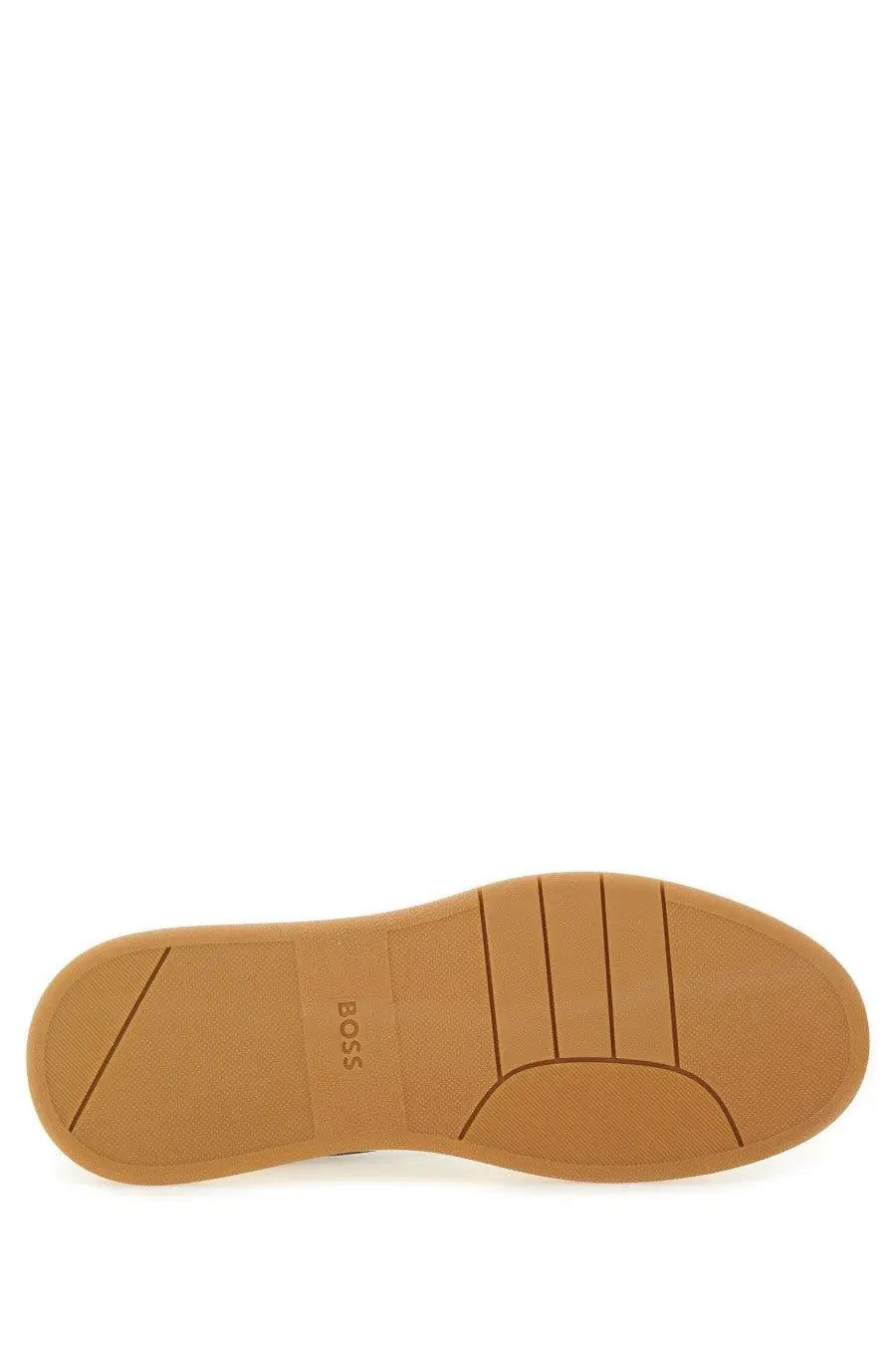 Tan rubber sole of boss men’s baltimore tenn sneaker white with embossed boss logo and geometric tread pattern