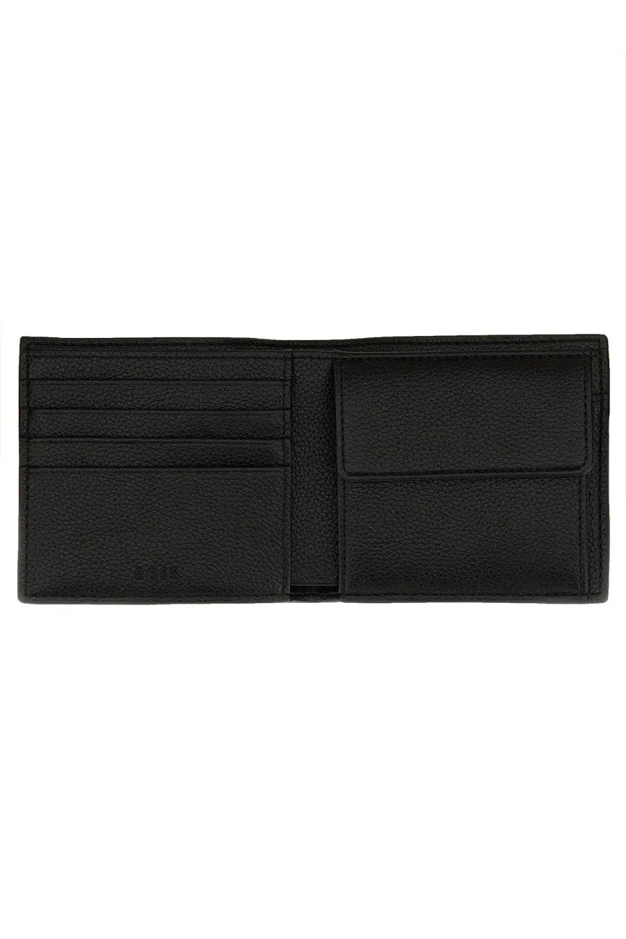 Black leather bi fold wallet by boss with textured surface and multiple card slots for men in black color