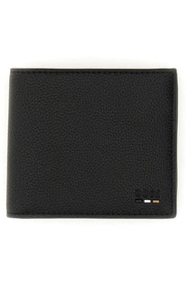 BOSS men’s bi fold wallet black textured leather with subtle embossed logo and signature stripe detail in corner