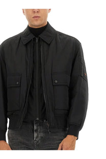 BOSS men’s black bomber jacket with two front flap pockets and zippered chest pocket in durable material